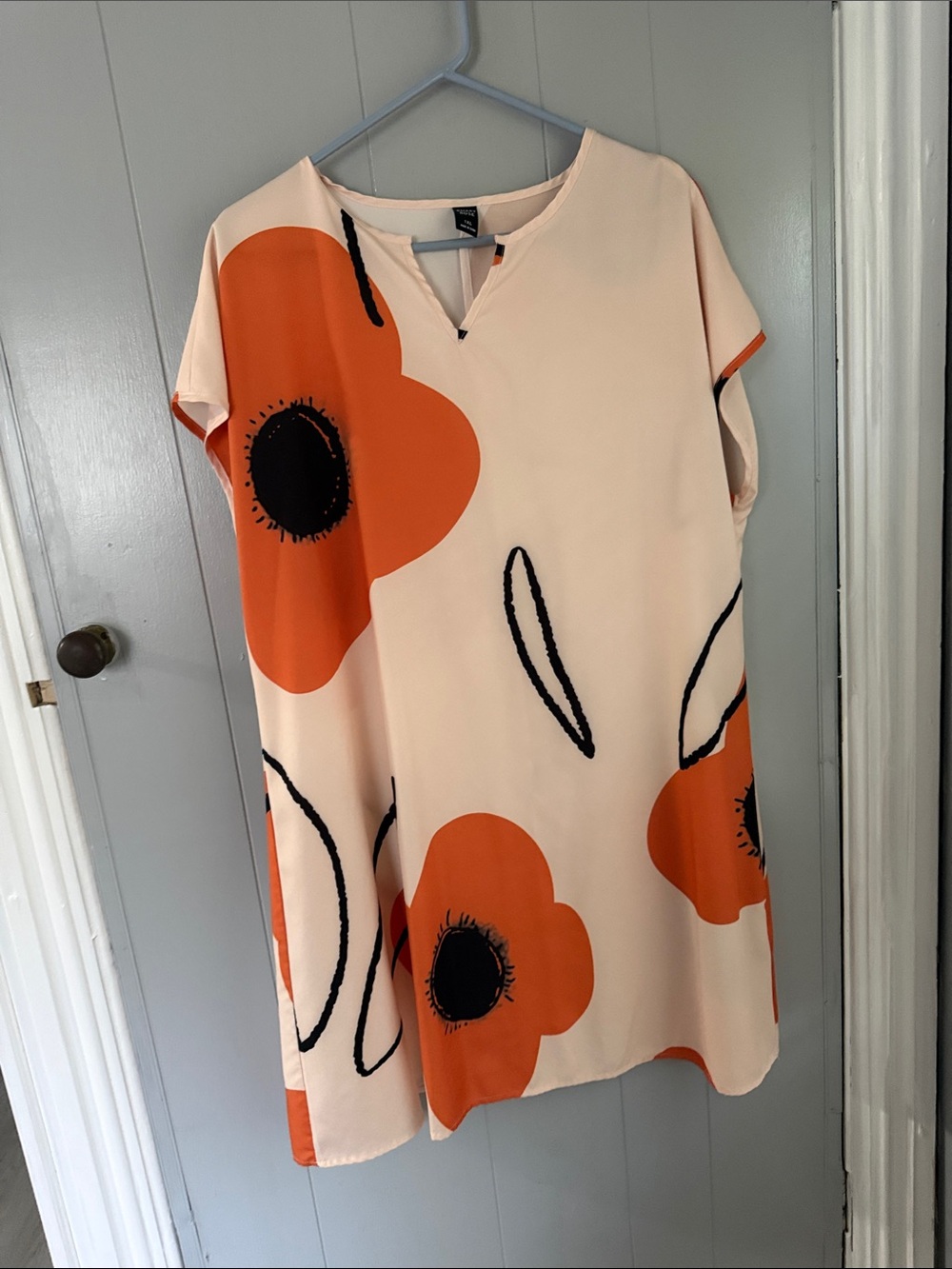 Tan Shift Dress with Bold Orange Floral Print